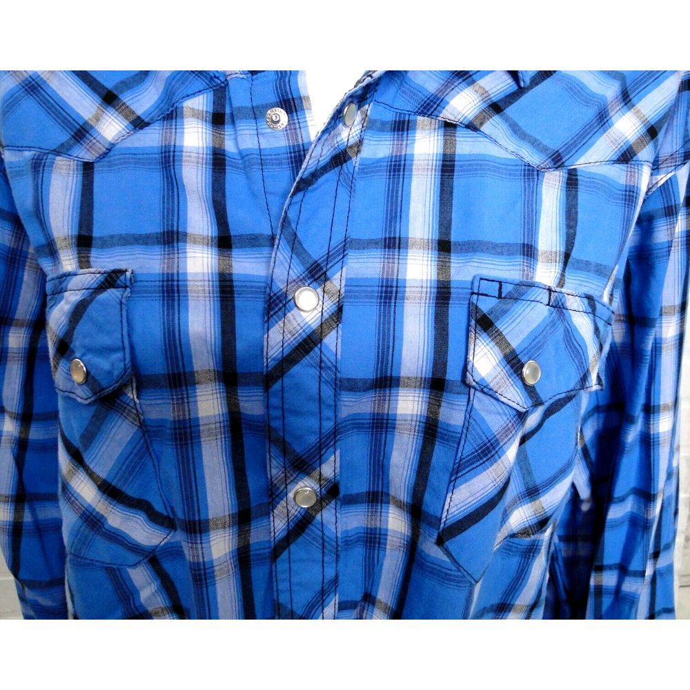 Wrangler Pearl Snap Shirt Mens Size XL Blue Black Plaid Long Sleeve Cowboy - Picture 2 of 6